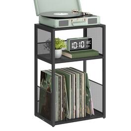 Songmics Home - Record Player Stand, 3-Tier Side Table, Vinyl Record Storage up to 100 Albums, End Table for Living Room, Bedroom - Ebony Black