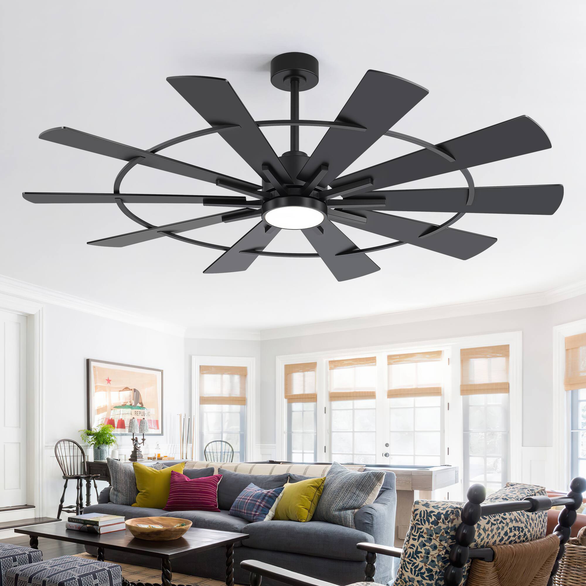 Alt View 7. Breezary - 62-In LED Ceiling Fan with Light, 10 Plywood Blades, 6-Speed DC Motor, Remote, Dimmable 3CCT, 6/12-In Downrods - 62-Inch Black.