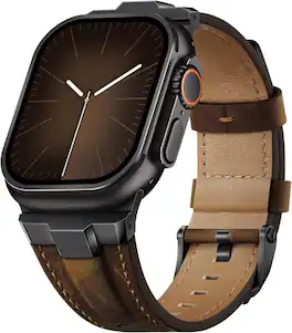 Core Tech - Genuine Leather Band for Apple Watch 49/46/45/44/42mm (Series 3), Adjustable - Black/Classic Retro Walnut
