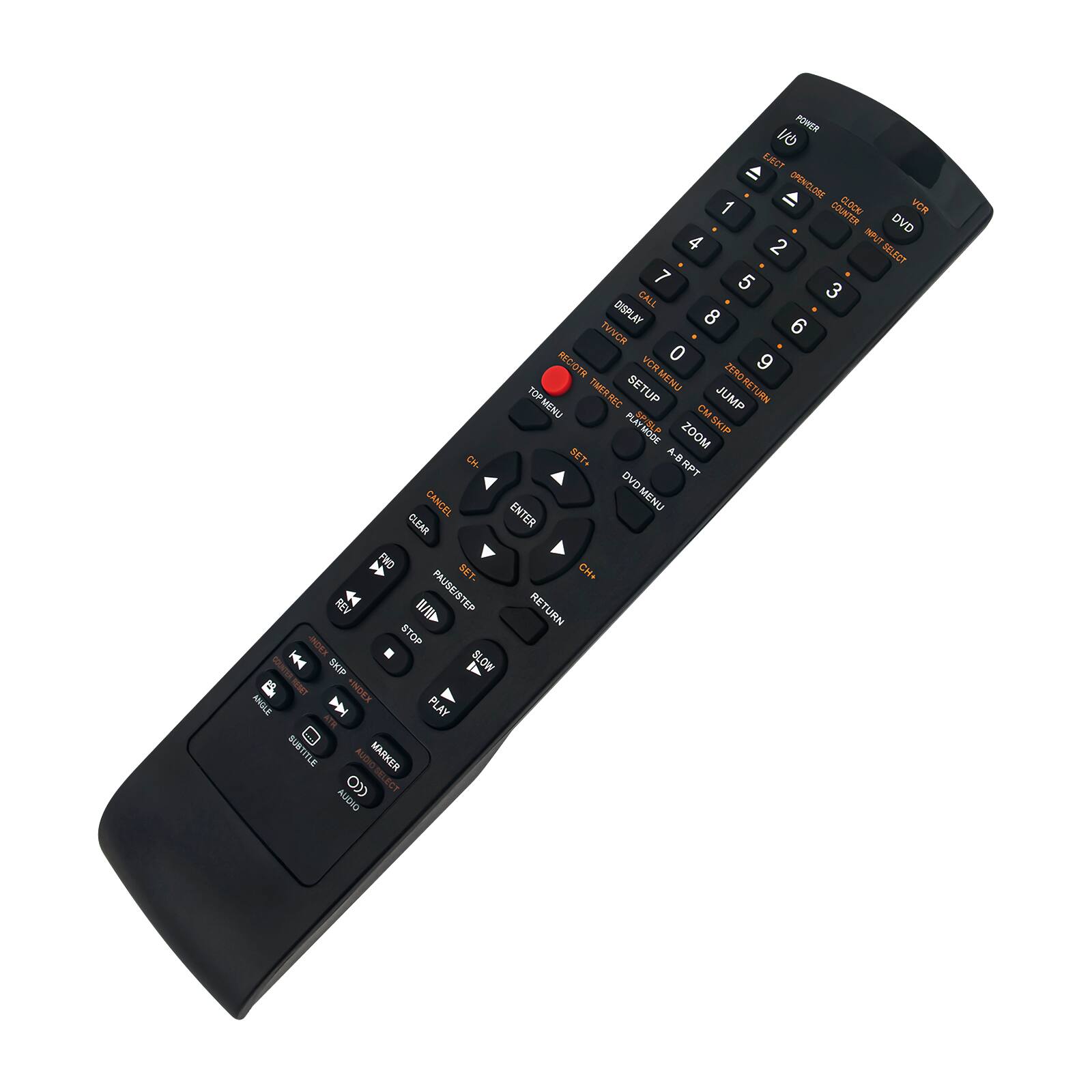 POWER EJECT 1 OPENCLOSE CLOOK VCR COUNTER DVD 4 2 INPUT SELECT 7 5 CALL 3 DISPLAY 8 6 TV/VCR VCR 0 9 RECIOTR MENU ZERO TOP MENU TIMERREC SETUP JUMP PLAY MODE ZOOM SKIP CH* SET+ A-BRPT A-B DVD CANCEL ENTER MENU CLEAR FWD SET. CH+ REV PAUSE/STEP RETURN INDER STOP SKIP SLOW ANGLE DI *INDEX PLAY SUBTITLE AUDIO MARKER AUDIO CCO