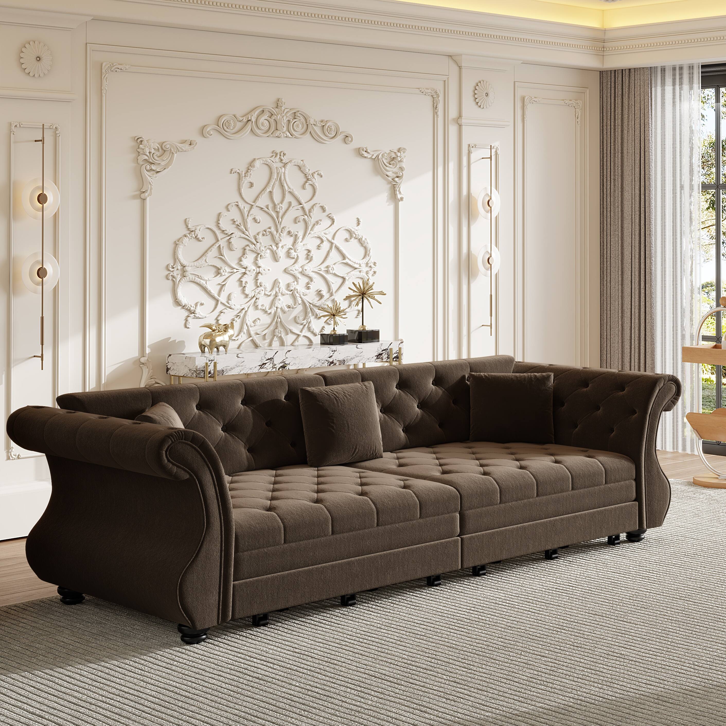 Front. Anysun - 97.6" Oversized Velvet Chesterfield Pull-Out Sofa Bed - Classic Roll Arm, Flower Tufting for Living Room & Apartment - Brown.