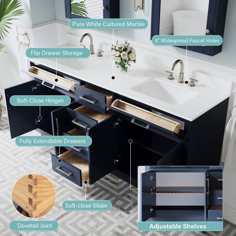 Pure White Cultured Marble  
8" Widespread Faucet Holes  
Flip Drawer Storage  
Soft-Close Hinges  
Fully Extendable Drawers  
Soft-close Slider  
Dovetail Joint  
Adjustable Shelves