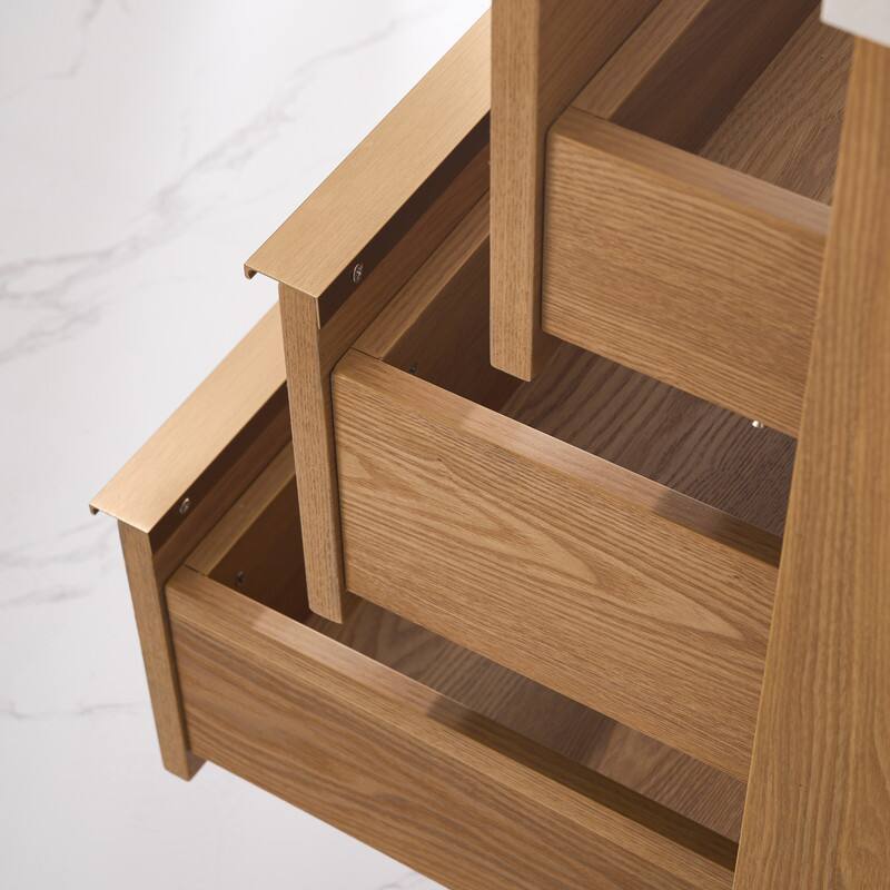 Alt View 3. WELLFOR - 36" Freestanding Solid Wood Bathroom Vanity with Carrara White Quartz Vanity Top & 3 Soft-Close Drawers and Backsplash - Oak.