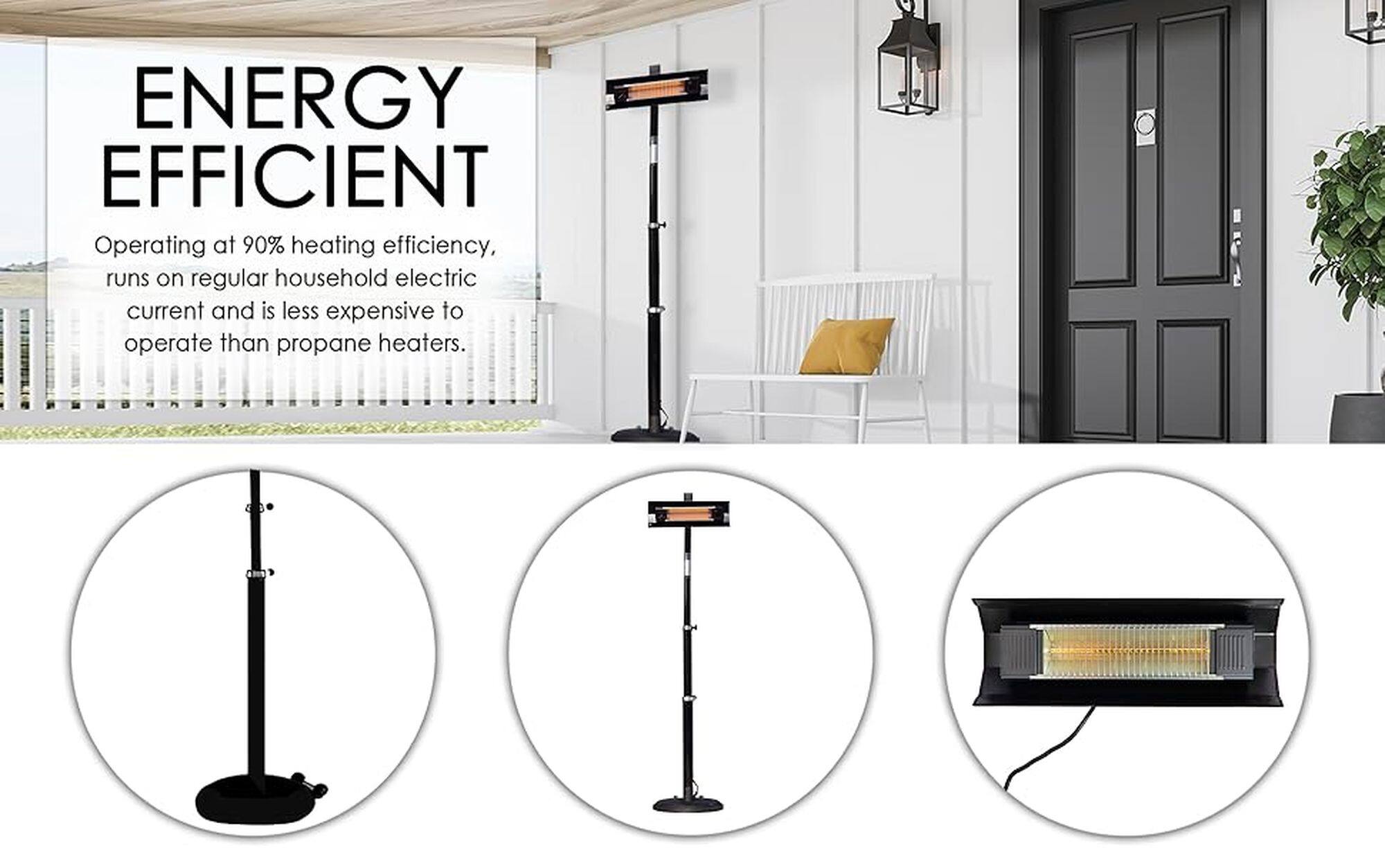 Energy Efficient: Operating at 90% heating efficiency, runs on regular household electric current and is less expensive to operate than propane heaters.