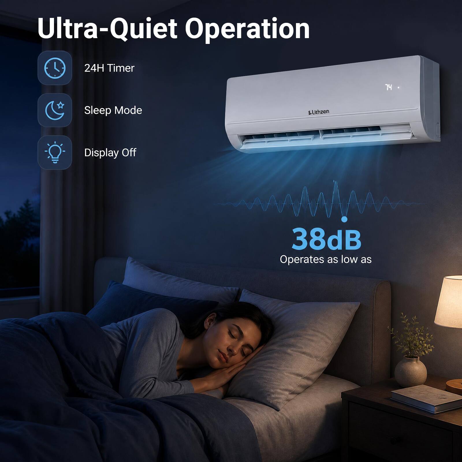 Ultra-Quiet Operation  
24H Timer  
Sleep Mode  
Display Off  
38dB Operates as low as
