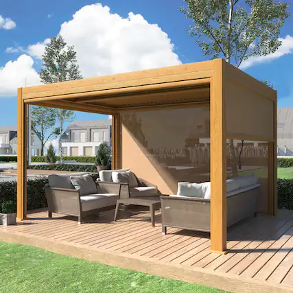 Front. U-HOMY - Outdoor Aluminum Louvered Pergola Gazebo with Adjustable Rainproof Roof and Wood Grain Finish - 10'x13'.