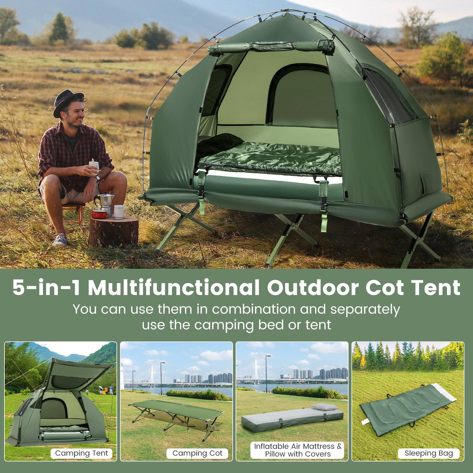 5-in-1 Multifunctional Outdoor Cot Tent: You can use them in combination and separately. Use the camping bed or tent, inflatable air mattress, and pillow with covers. Sleeping Bag.
