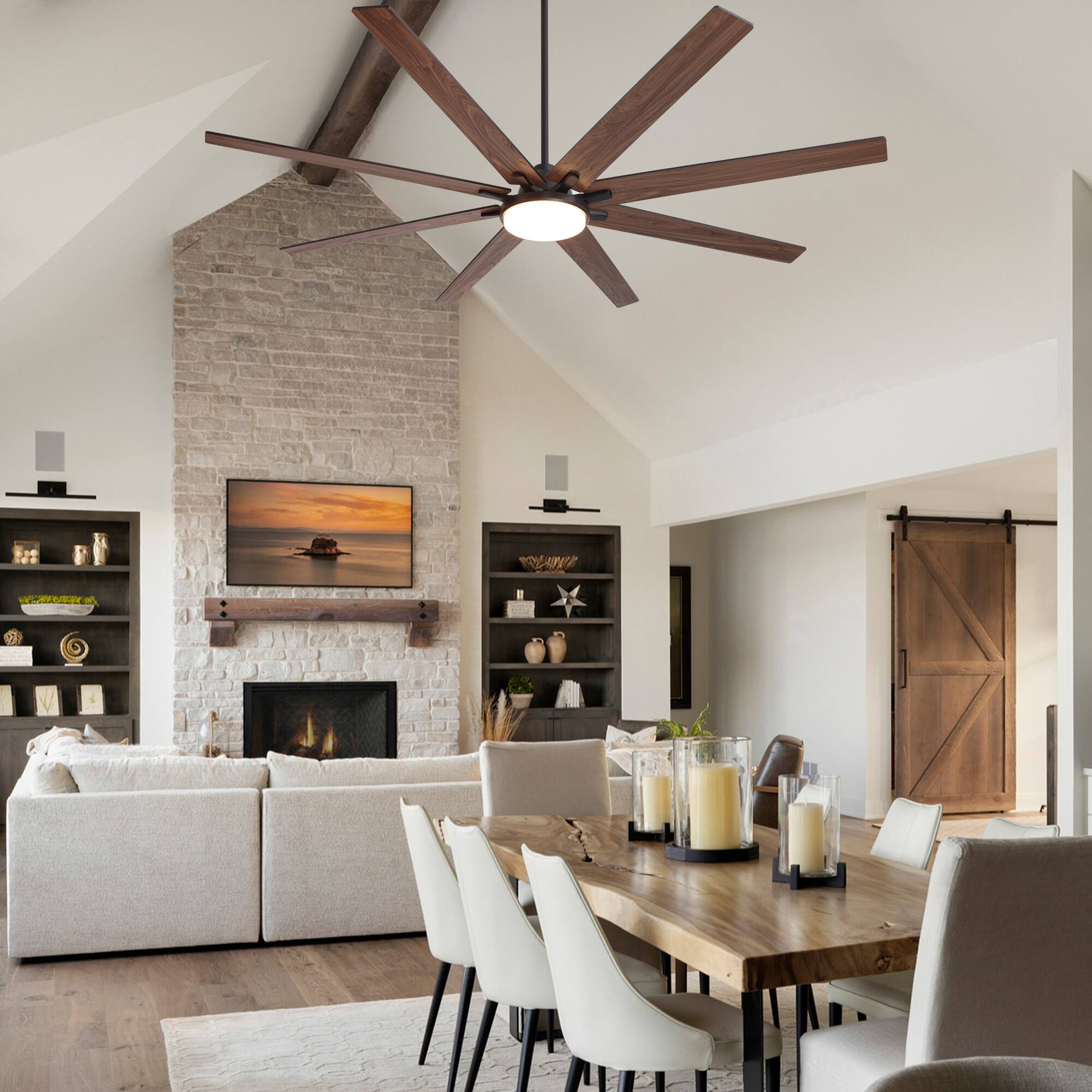 Angle. Siljoy - 84 Inch Big Ben Ceiling Fan with LED Light and Remote Control (8 dual blades)For Kitchen Livingroom and Bedroom - Brown.