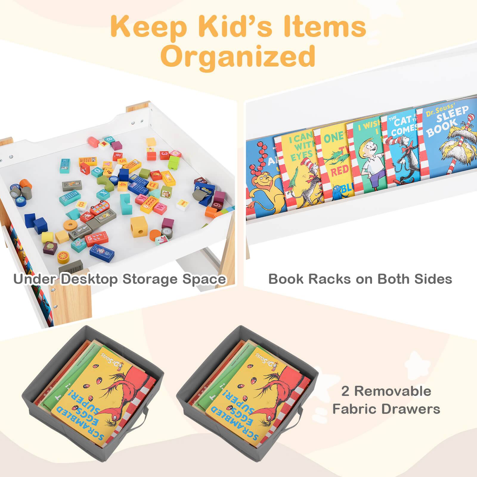 Keep Kid's Items Organized:

* 5 - 14 years old
* Under Desktop Storage Space
* Book Racks on Both Sides
* 2 Removable Fabric Drawers