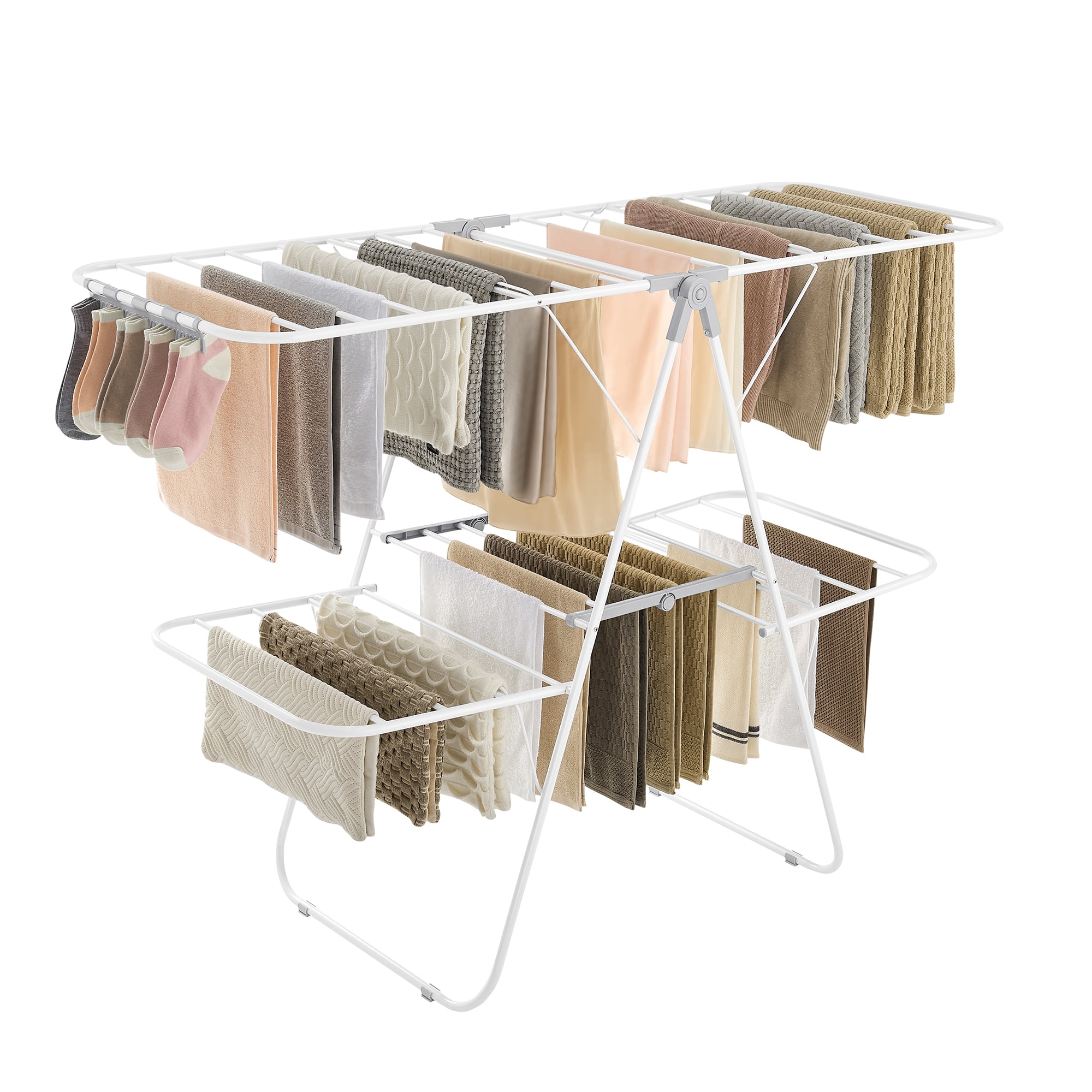 Songmics Home - Clothes Drying Rack, Foldable 2-Level Laundry Drying Rack, Free-Standing Large Drying Rack, with Height-Adjustable Wings - White and Gray