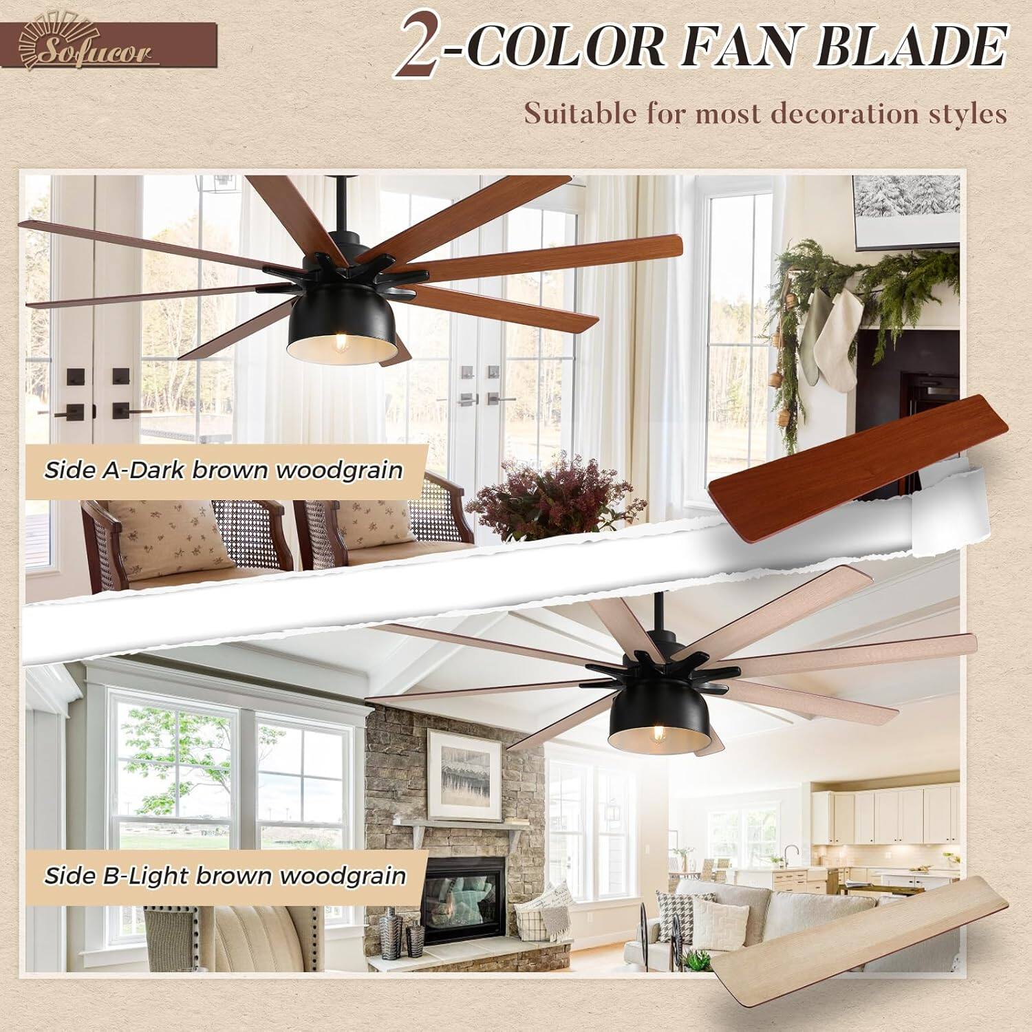 Sofucor  
2-COLOR FAN BLADE  
Suitable for most decoration styles  

Side A - Dark brown woodgrain  
Side B - Light brown woodgrain