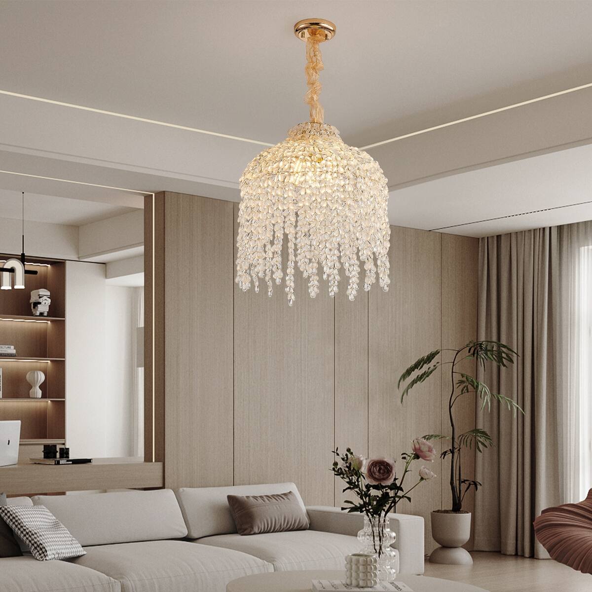 Angle. Loheer - Loheer 5-Light Crystal Pendant Chandelier, Gold Waterfall Design, 16-Inch Ceiling Fixture.