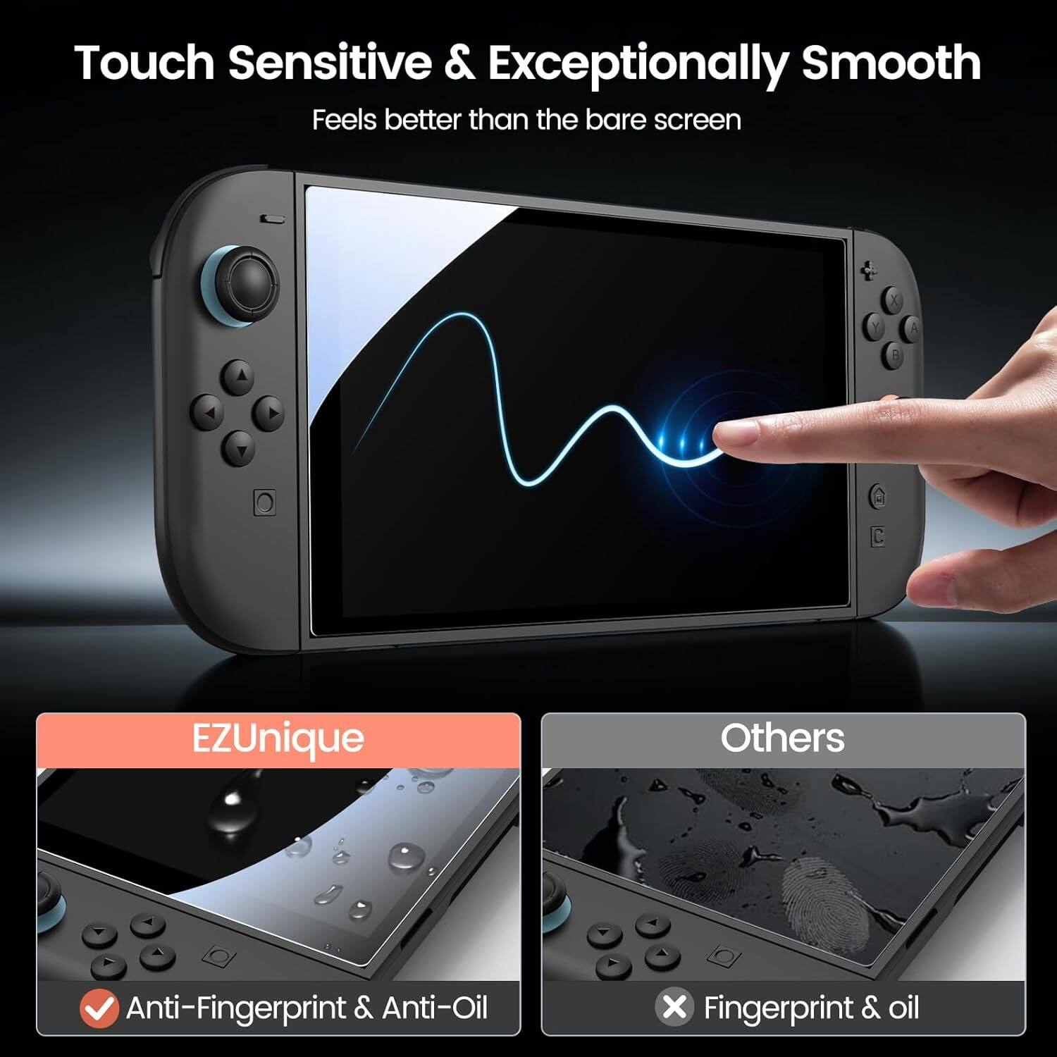 Touch Sensitive & Exceptionally Smooth  
Feels better than the bare screen  

EZUnique  
Anti-Fingerprint & Anti-Oil  

Others  
Fingerprint & oil