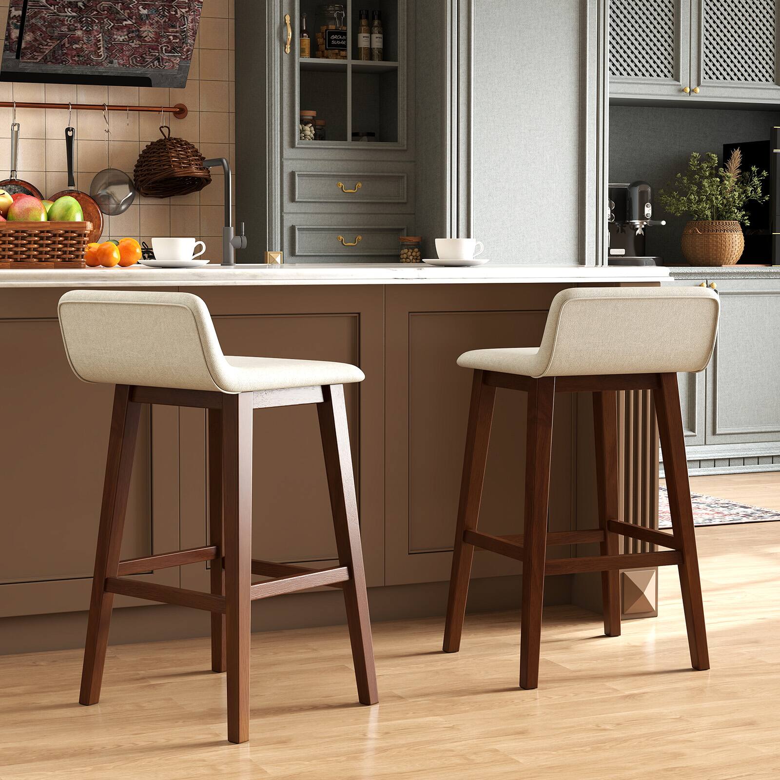 Alt View 4. Gymax - Gymax 2PCS 29'' Upholstered Barstools w/ Low Back Footrest & Wood Legs for Kitchen - Brown, Beige.