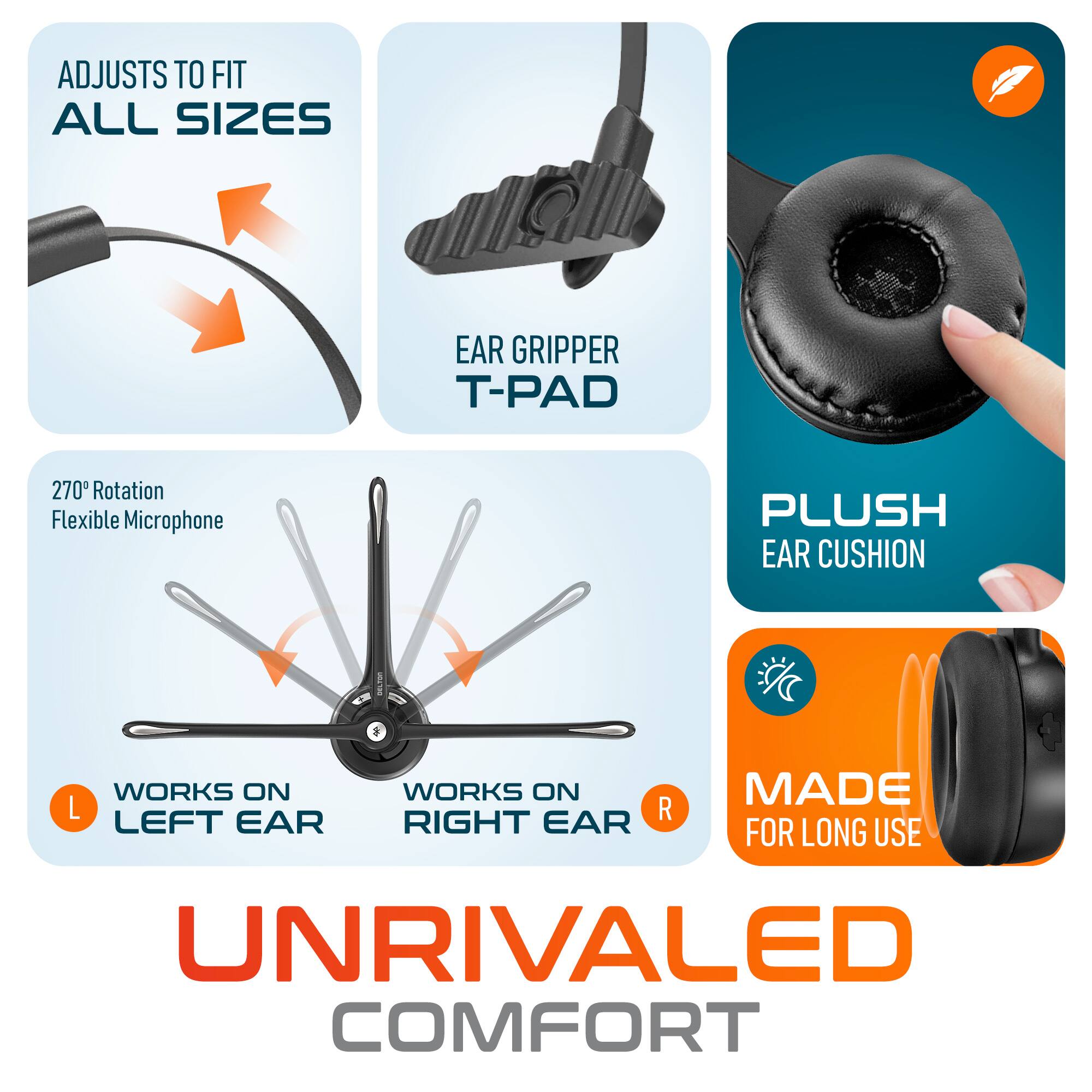 ADJUSTS TO FIT ALL SIZES, EAR GRIPPER T-PAD, 270° Rotation Flexible Microphone, PLUSH EAR CUSHION, WORKS ON LEFT EAR, WORKS ON RIGHT EAR, MADE FOR LONG USE, UNRIVALED COMFORT