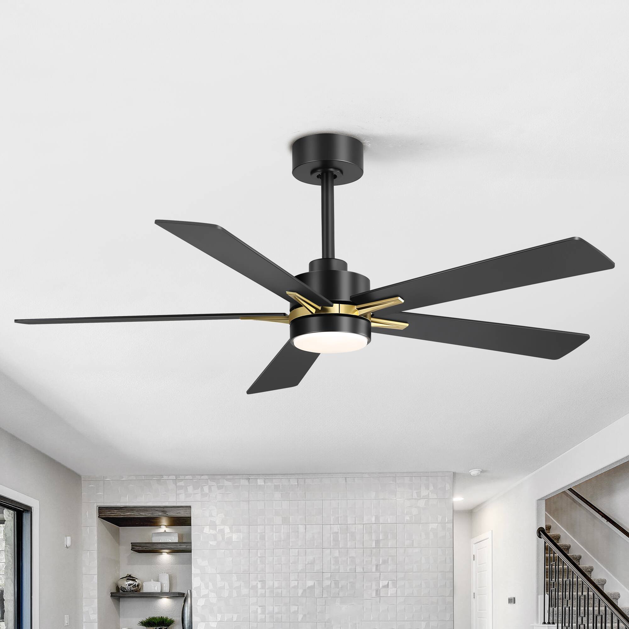 Alt View 1. Breezary - 52-Inch Indoor LED Ceiling Fan with 5 Plywood Blades, DC Motor, 5/10'' Downrods, Remote Control, Reversible, for Bedroom - Gold and Black.