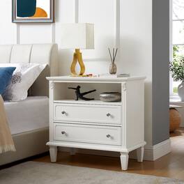 Loheer - Nightstand with Charging Station, Two Drawers and Open Shelf, Solid Wood Legs - White