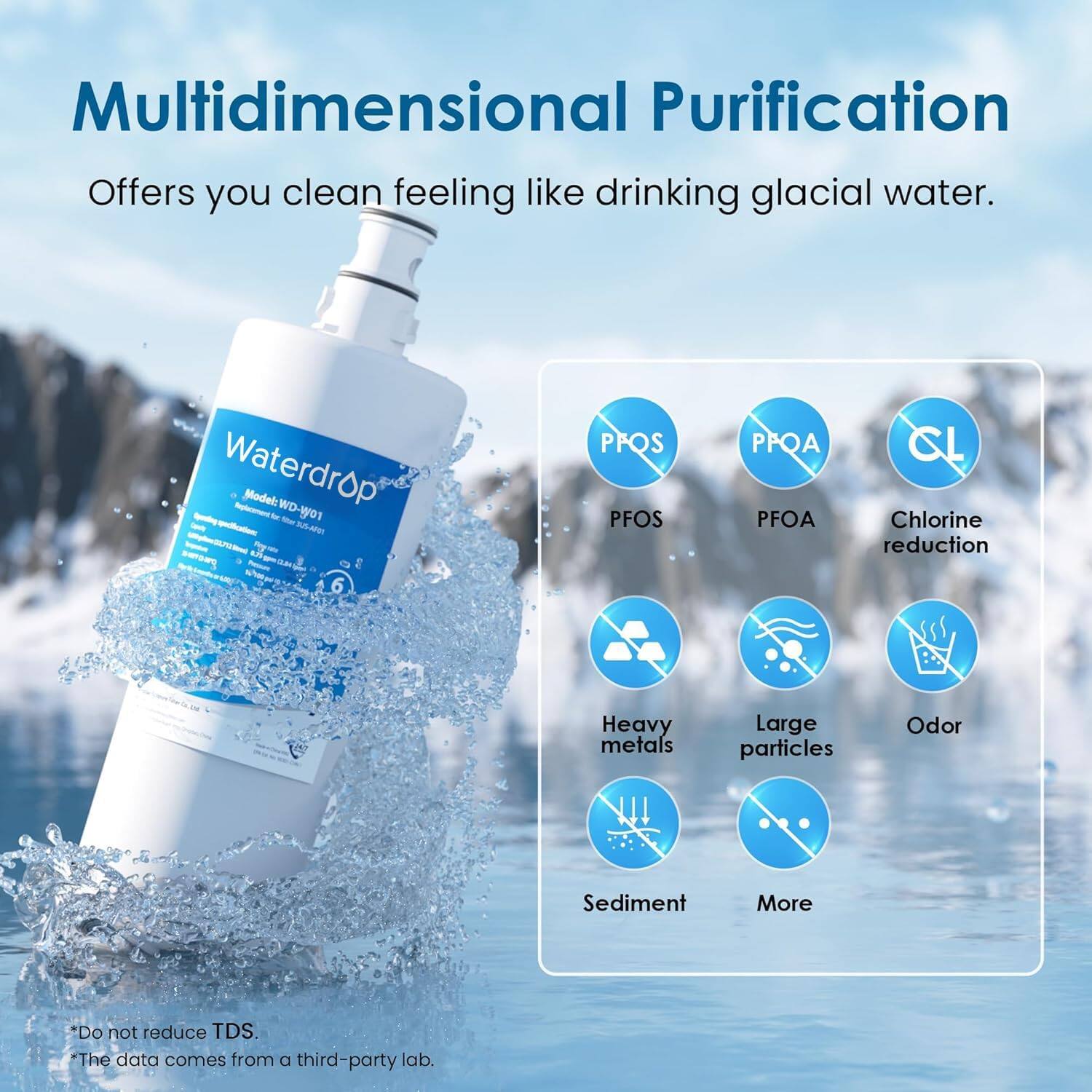 Multidimensional Purification  
Offers you clean feeling like drinking glacial water.

Waterdrop  
Model: WD-W01

- PFOS
- PFOA
- Chlorine reduction
- Heavy metals
- Large particles
- Odor
- Sediment
- More

*Do not reduce TDS.  
*The data comes from a third-party lab.