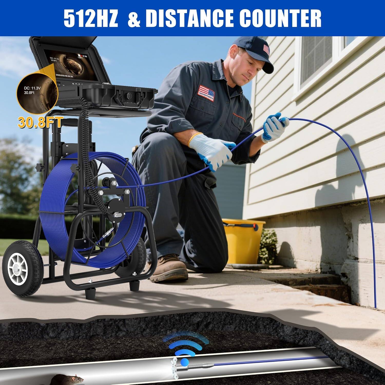 Back. Aukfa - Sewer Camera - 10" HD Borescope, Self-Leveling, IP68, 200Ft 7MM Cable, DVR, 5X Zoom, 32GB.