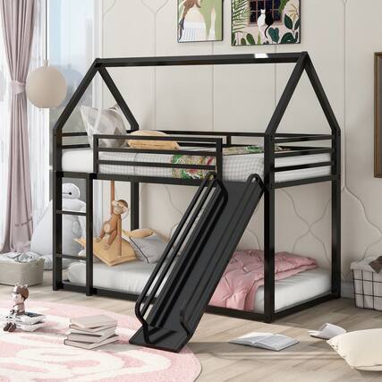 Front. Spaco - Spaco Metal House Bunk Bed with Slide and Ladder, Twin over Twin and Safety Guardrail, Playhouse Design for Kids - Black.