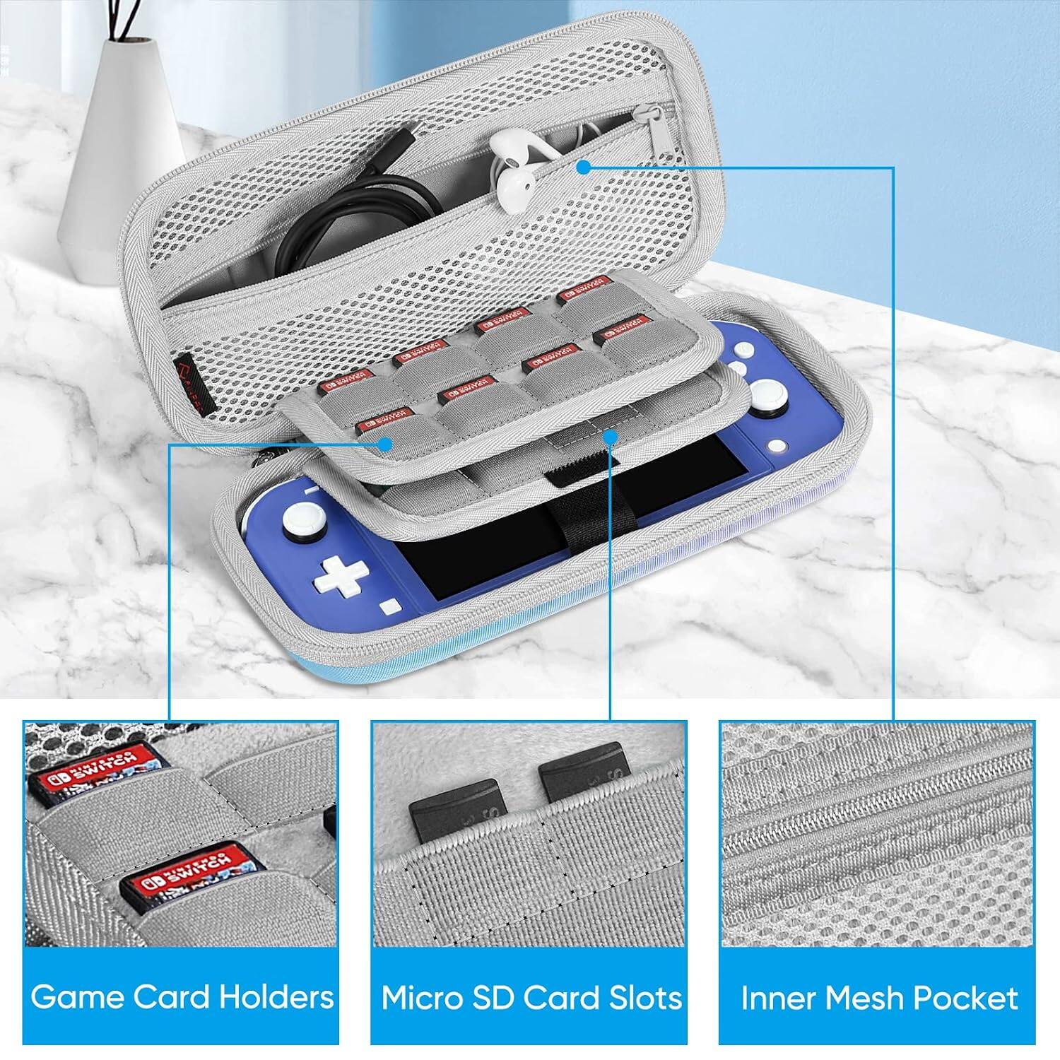 CO SAVIVA CIB as SURANTED CO INTHING () CIP BROWN

AD SWITCH
AD SWITCH
Game Card Holders Micro SD Card Slots
Inner Mesh Pocket