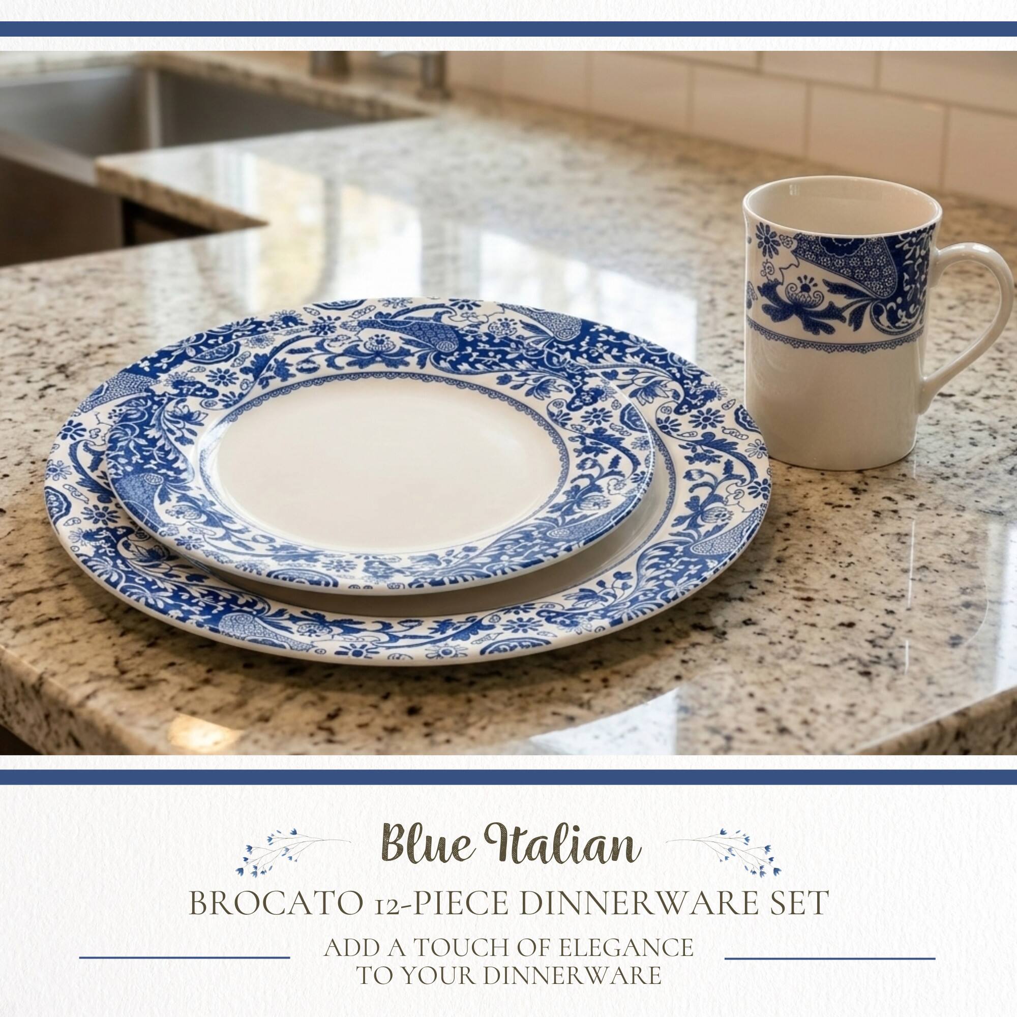 Blue Italian BROCATO 12-PIECE DINNER WARE SET  
ADD A TOUCH OF ELEGANCE TO YOUR DINNERWARE