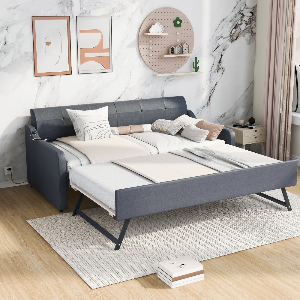 Loheer - Twin Daybed with Pop-Up Trundle, Upholstered Guest Bed with USB Port, Space-Saving Frame - Gray