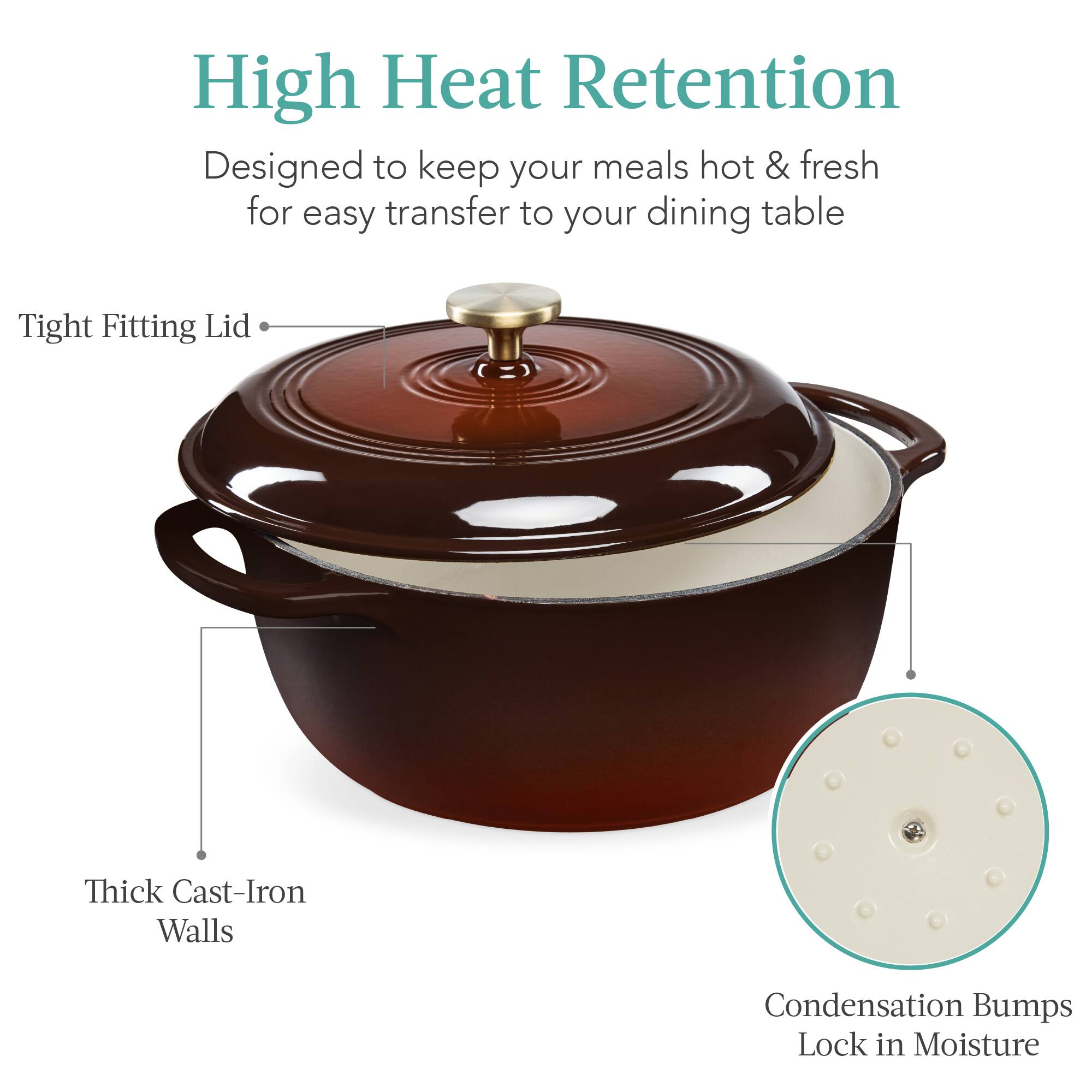 High Heat Retention  
Designed to keep your meals hot & fresh for easy transfer to your dining table  

- Tight Fitting Lid  
- Thick Cast-Iron Walls  
- Condensation Bumps Lock in Moisture