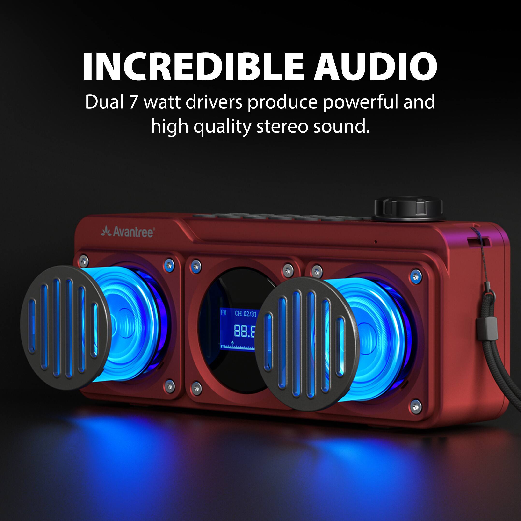 Angle. Avantree - Boombyte - Portable Digital FM Radio with Bluetooth Speaker, Superb Sound, Metal Finish - Red.