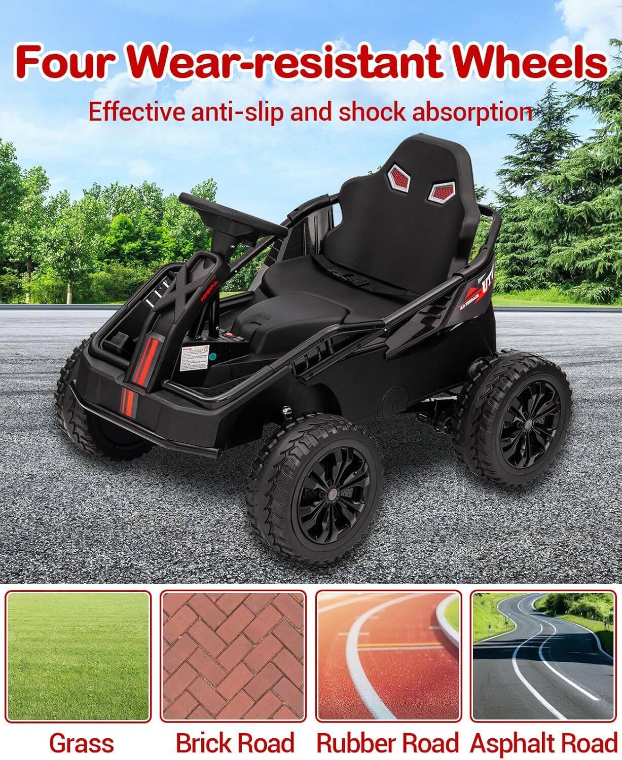 Four Wear-resistant Wheels  
Effective anti-slip and shock absorption  

Grass  
Brick Road  
Rubber Road  
Asphalt Road
