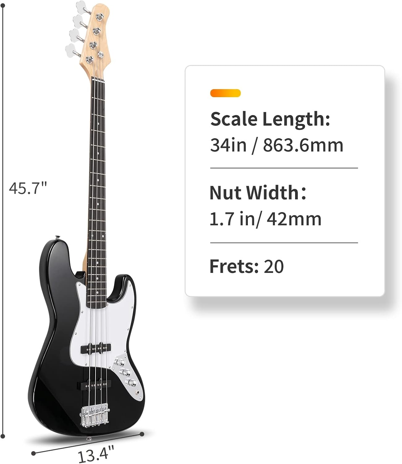 Scale Length: 34in / 863.6mm  
Nut Width: 1.7 in / 42mm  
Frets: 20