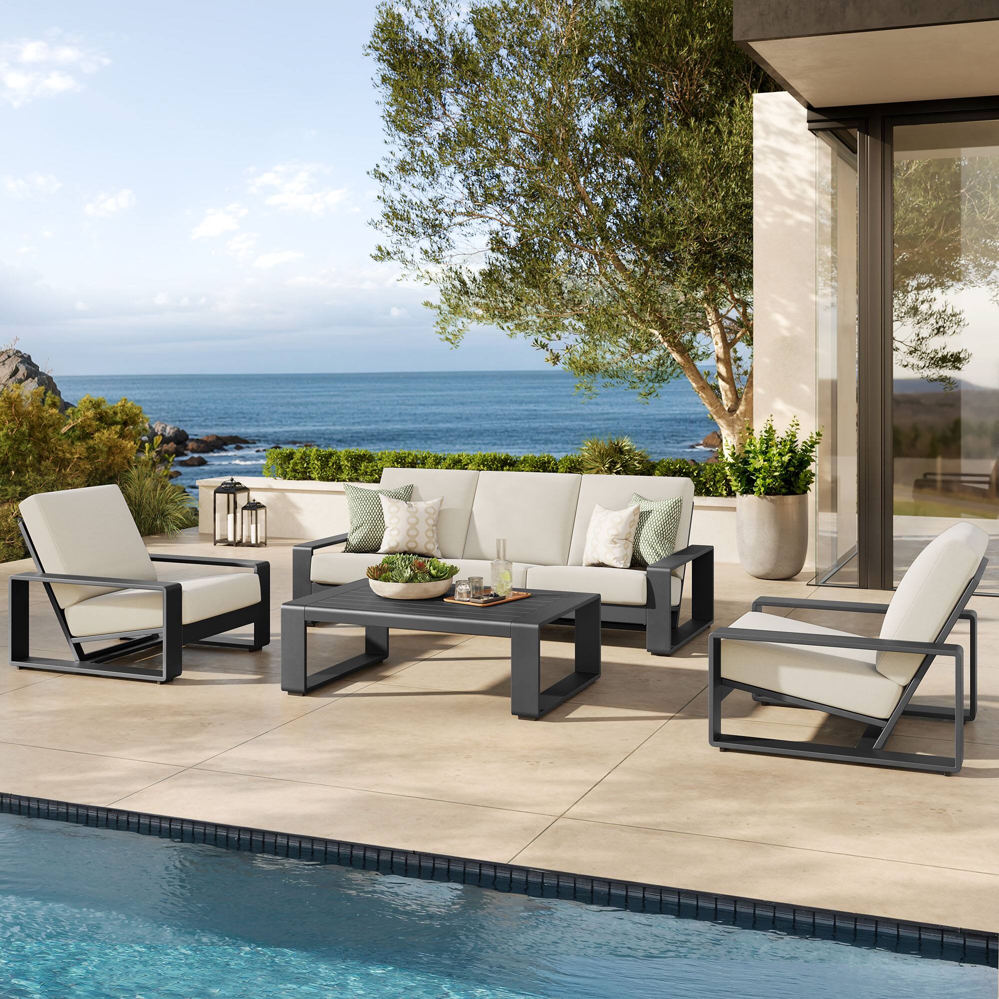 Alt View 6. Modway - Lirienne 4-Piece Outdoor Patio Aluminum Furniture Set - Powder-Coated Frame, Foam-Cushioned Seats - Cream.
