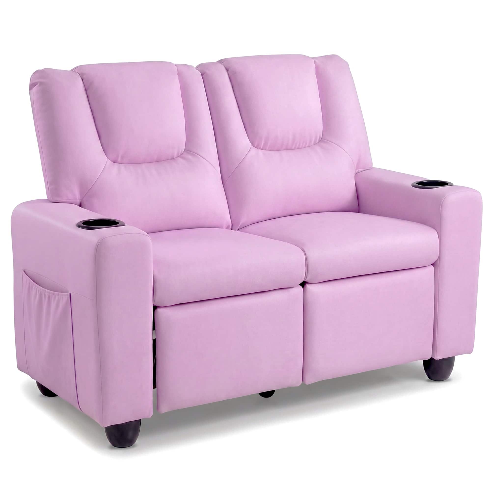 Costway - 2-Seater Kids Recliner with Cup Holders Side Storage Pockets Adjustable Backrest - Pink