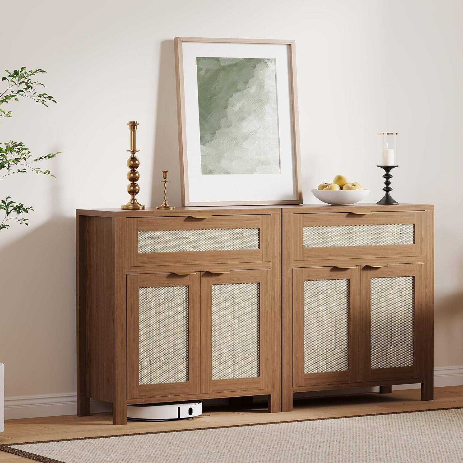 Left. GARVEE - 34" Sideboard Buffet Cabinet with Storage, Wooden Credenza Storage Cabinet with Adjustable Shelves, Caramel Dark Oak - Dark Oak.