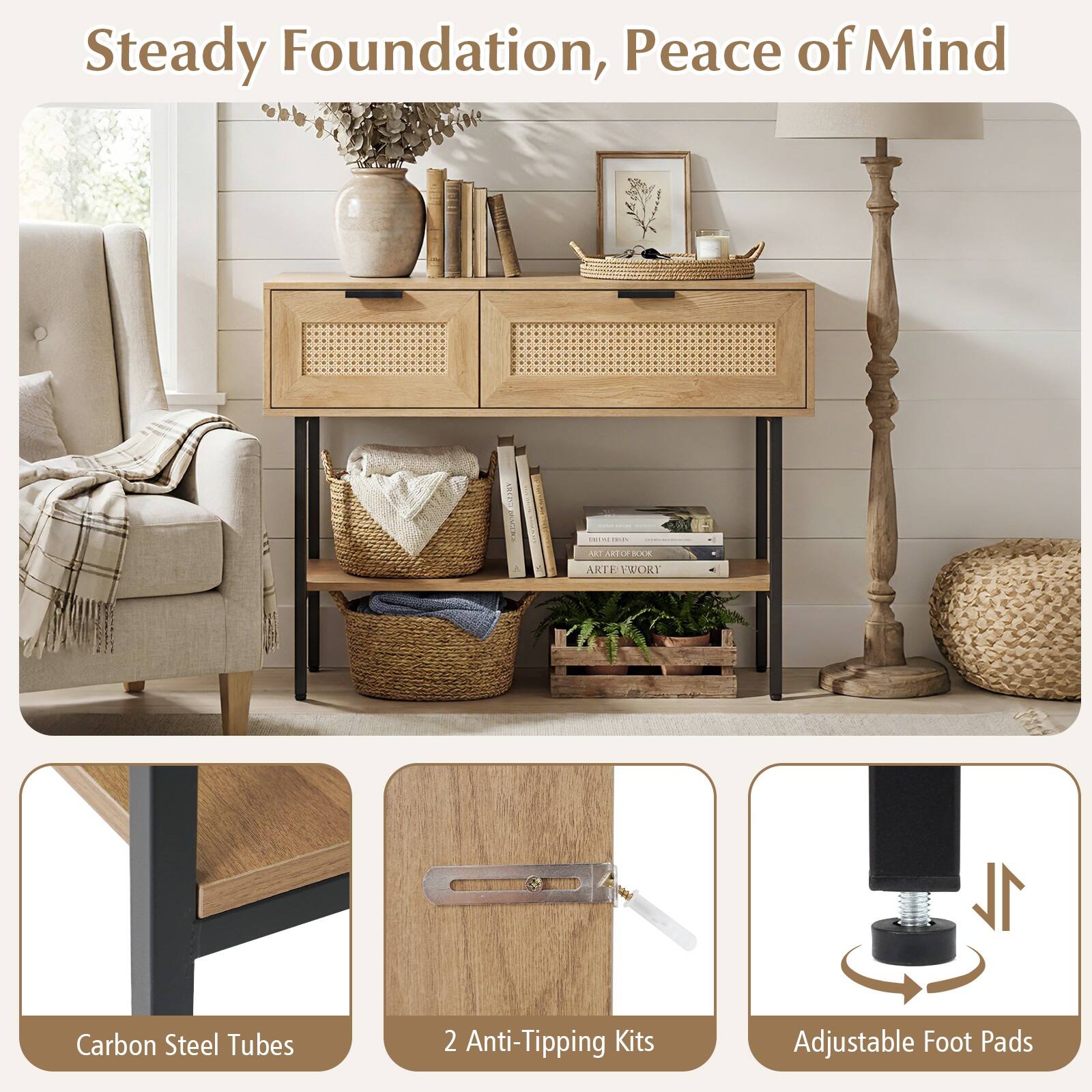 Steady Foundation, Peace of Mind

1. Carbon Steel Tubes
2. 2 Anti-Tipping Kits
3. Adjustable Foot Pads