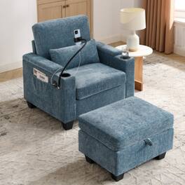 LUCKY ONE - Single Sofa Recliner w/ Manual Backrest USB Port Cup Holders Hidden Storage Ottoman - Blue