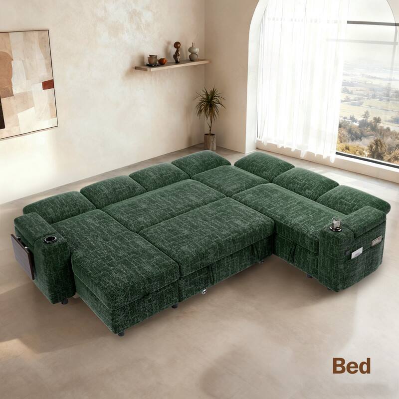 Back. Vipbear - 110" Modular Sectional Sofa with Pull Out Bed,Chenille Fabric 7 Seat Sectional Sleeper Sofa with Storage,for Living Room - Green.