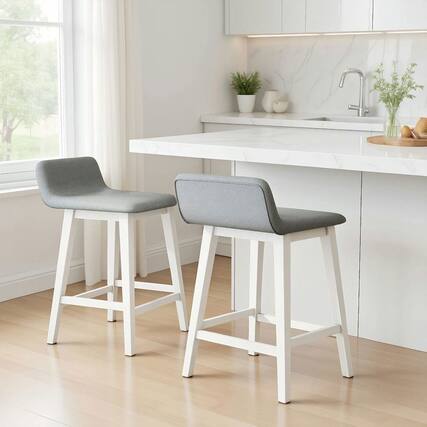 Front. Kadyn - Set of 2 24-Inch Counter-Height Bar Stools with Low Back Design, White and Gray - White.