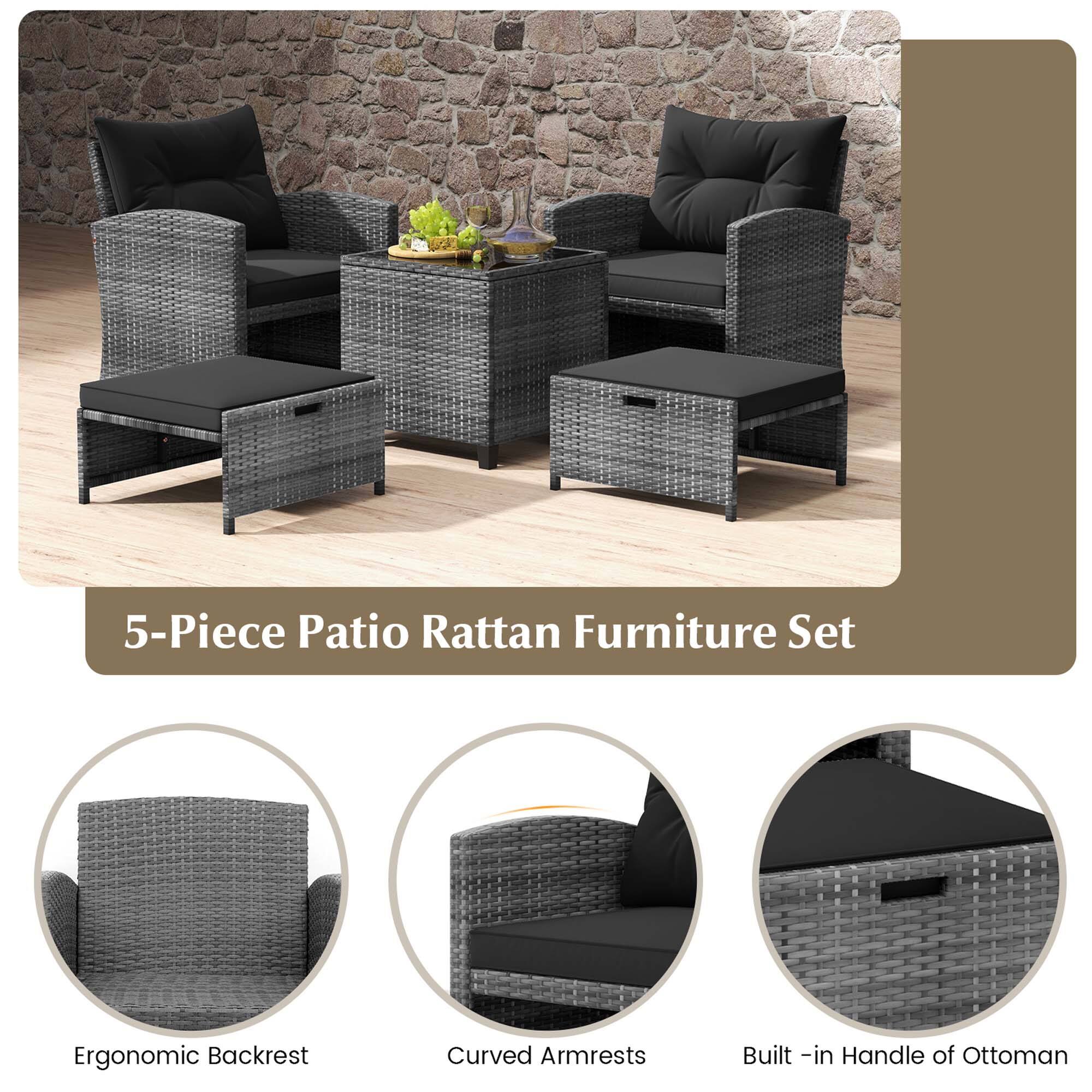 5-Piece Patio Rattan Furniture Set Ergonomic Backrest Curved Armrests Built-In Handle of Ottoman