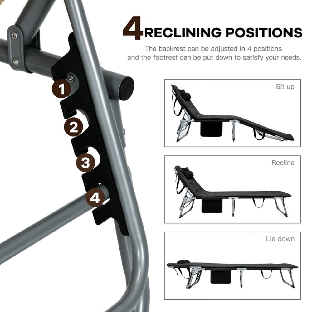 4 RECLINING POSITIONS  
The backrest can be adjusted in 4 positions and the footrest can be put down to satisfy your needs.  

1. Sit up  
2. Recline  
3. Lie down