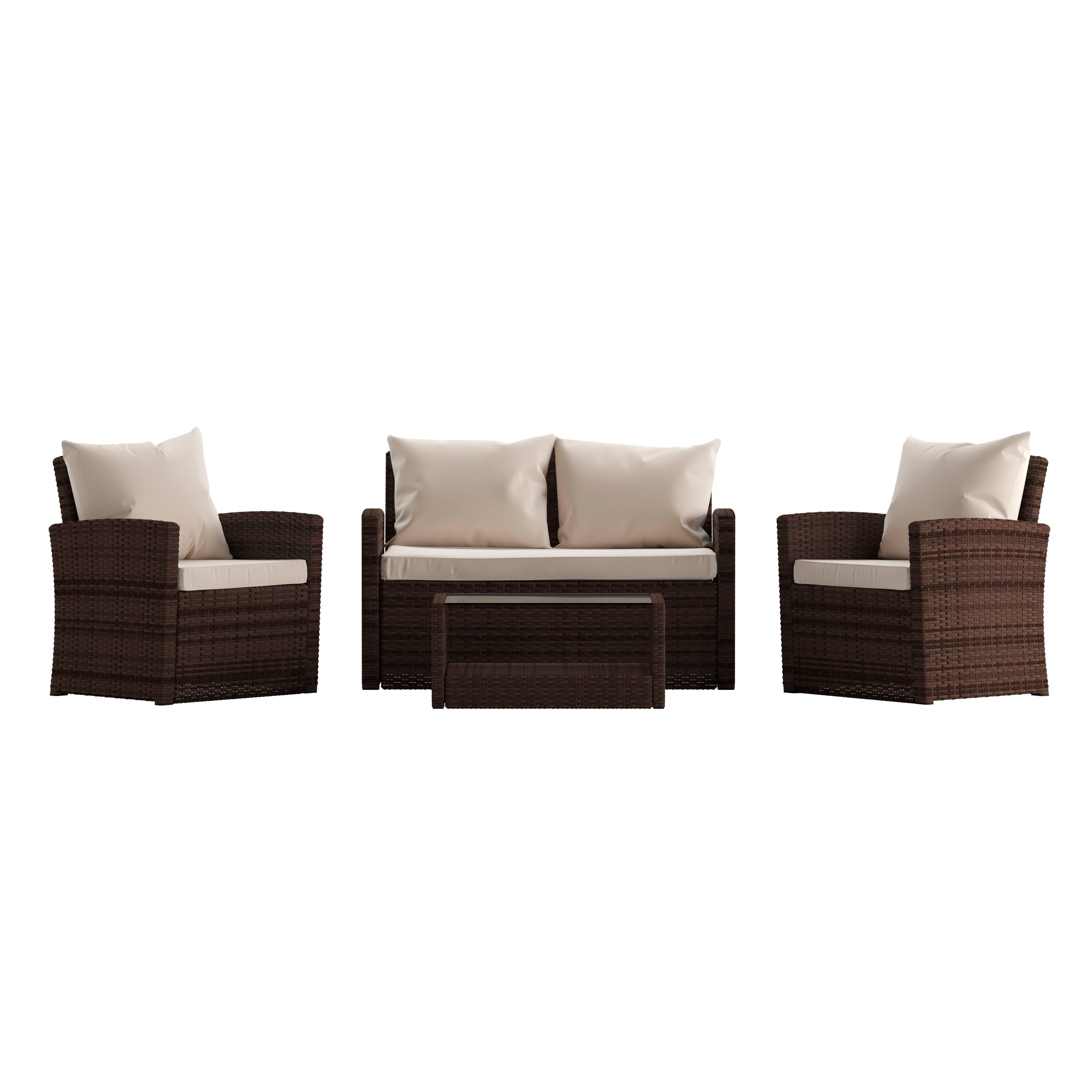 Alt View 10. Emma + Oliver - 4 Piece Patio Set with Gray Back Pillows & Seat Cushions - Outdoor Seating - Beige Cushions/Brown Frame.