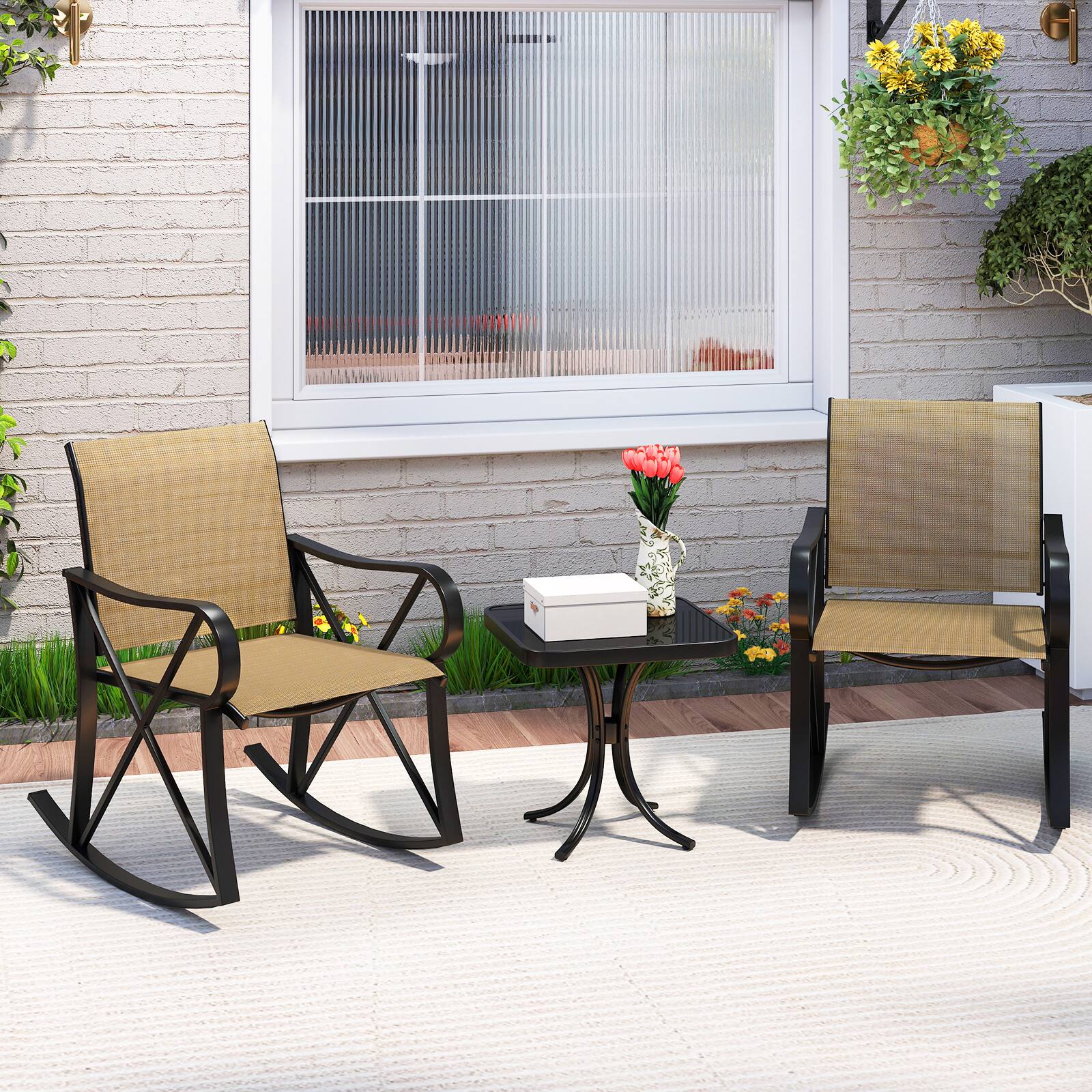 Alt View 4. Gymax - Gymax 3 Piece Patio Rocking Set 2 Rocking Chairs w/ Tempered Glass Side Table Brown - Brown.