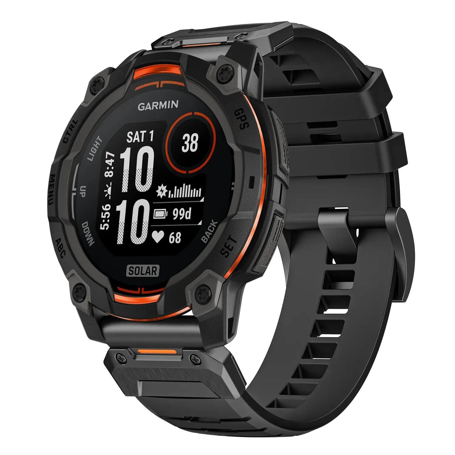 GARMIN CTRL GPS SAT 1 LIGHT 38 8:47 10 MENU UP 5:56 99d DOWN 10 68 BACK ABC SET SOLAR