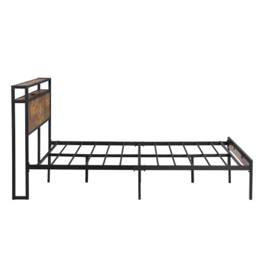 Angle. LUCKY ONE - Full Size Metal Platform Bed Frame with Wooden Headboard and Footboard, USB Ports, No Box Spring Needed - Black.