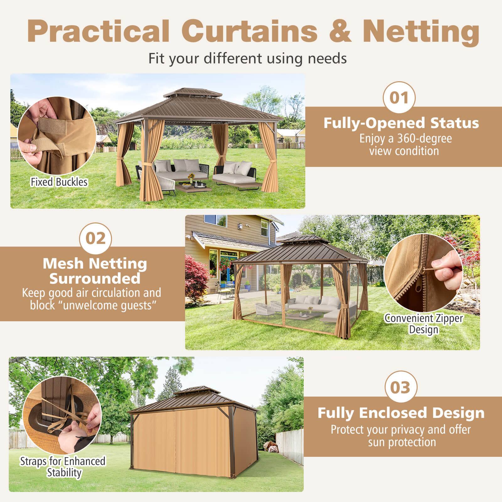 **Practical Curtains & Netting**  
Fit your different using needs

---

**01 Fully-Opened Status**  
Enjoy a 360-degree view condition

---

**02 Mesh Netting Surrounded**  
Keep good air circulation and block "unwelcome guests"

---

**03 Fully Enclosed Design**  
Protect your privacy and offer sun protection

---

**Fixed Buckles**

**Convenient Zipper Design**

**Straps for Enhanced Stability**