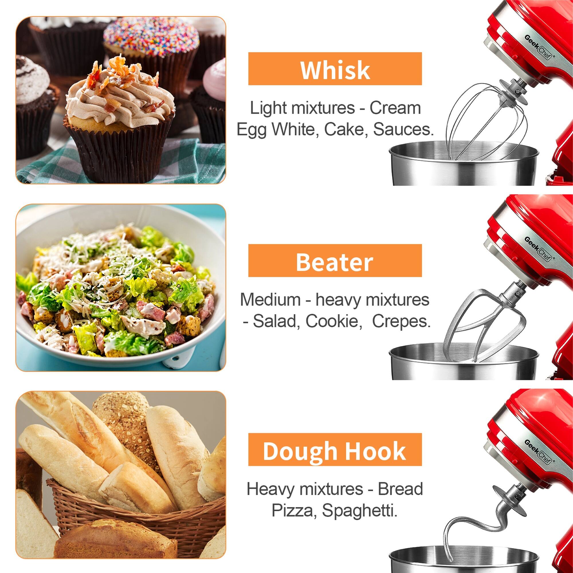 Whisk  
Light mixtures - Cream, Egg White, Cake, Sauces.

Beater  
Medium - heavy mixtures - Salad, Cookie, Crepes.

Dough Hook  
Heavy mixtures - Bread, Pizza, Spaghetti.