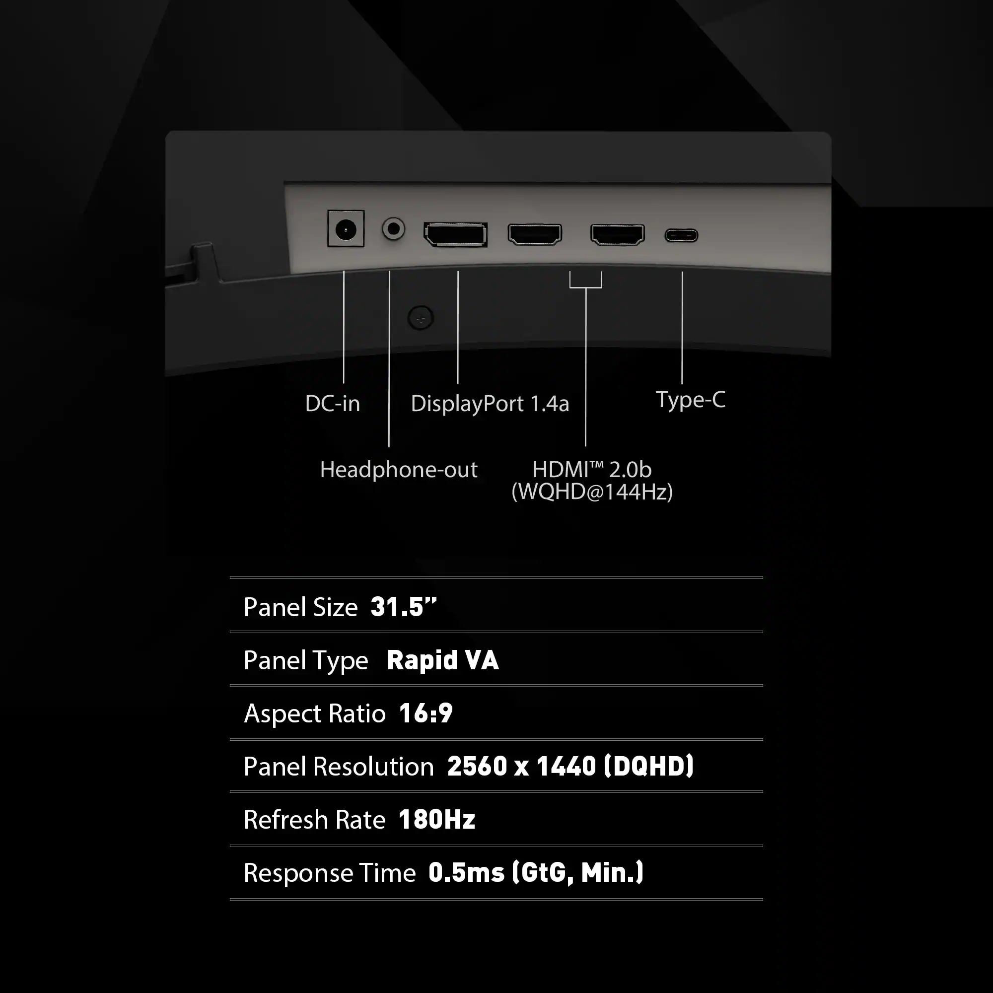 The text on the image reads:

DC-in DisplayPort 1.4a Type-C Headphone-out HDMI 2.0b (WQHD@144Hz) Panel Size 31.5" Panel Type Rapid VA Aspect Ratio 16:9 Panel Resolution 2560 x 1440 (DQHD) Refresh Rate 180Hz Response Time 0.5ms (GtG, Min.)