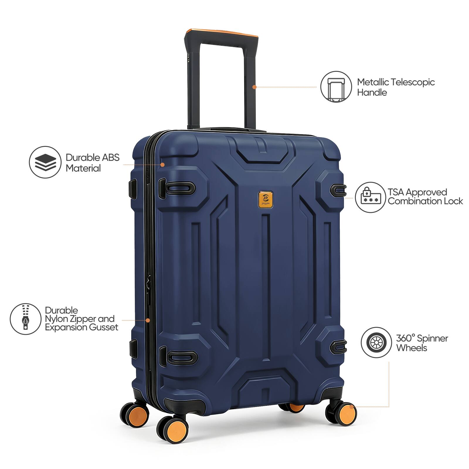 Metallic Telescopic Handle  
Durable ABS Material  
TSA Approved Combination Lock  
Durable Nylon Zipper and Expansion Gusset  
360° Spinner Wheels