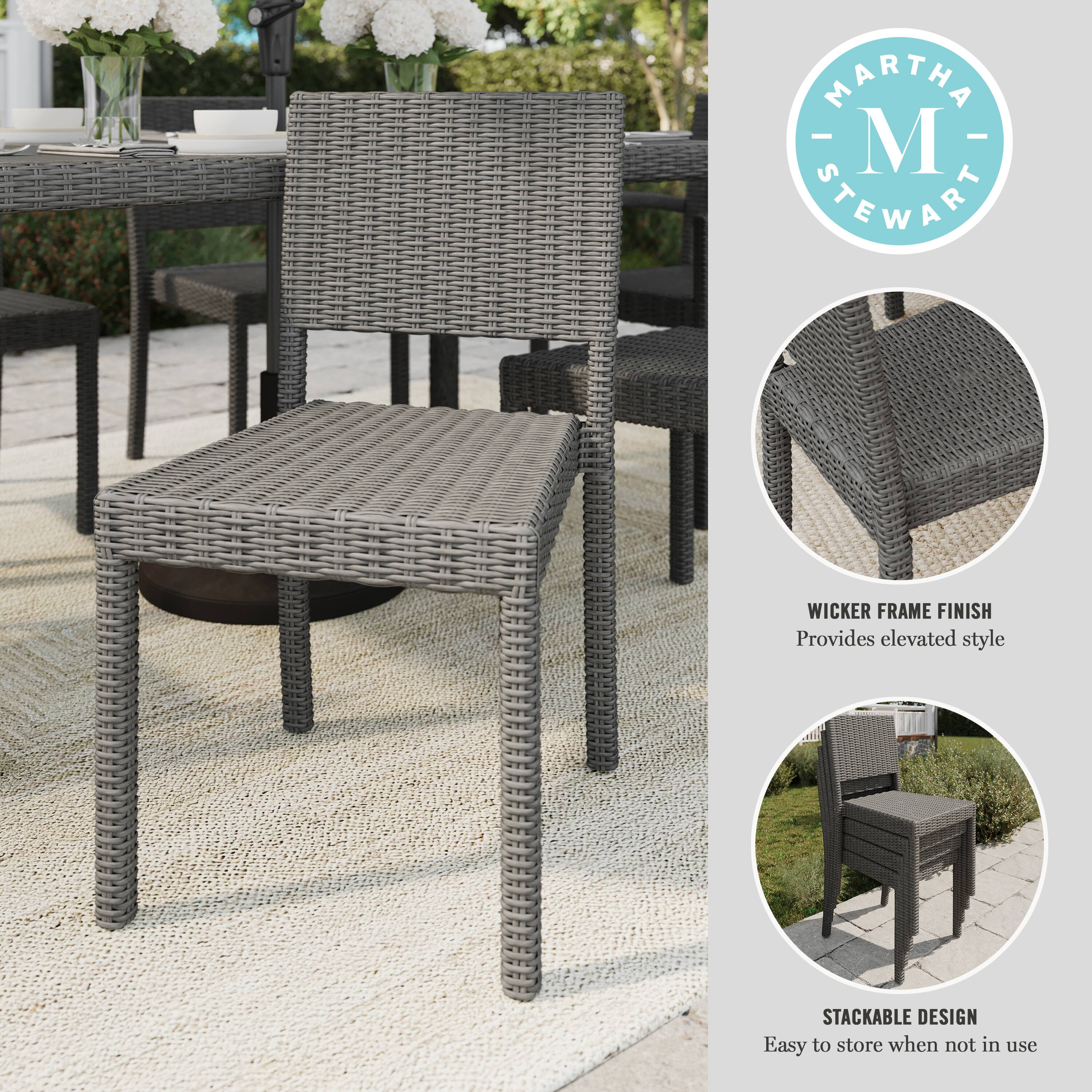 "Martha Stewart Wicker Frame Finish provides elevated style. Stackable design for easy storage when not in use."