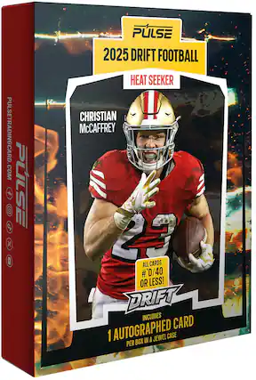 PULSETRADINGCARD.COM
PULSE 2025 DRIFT FOOTBALL HEAT SEEKER CHRISTIAN McCaffrey 23
ALL CARDS #D/40 OR LESS!
DRIFT INCLUDES 1 AUTOGRAPHED CARD PER BOX IN A JEWEL CASE